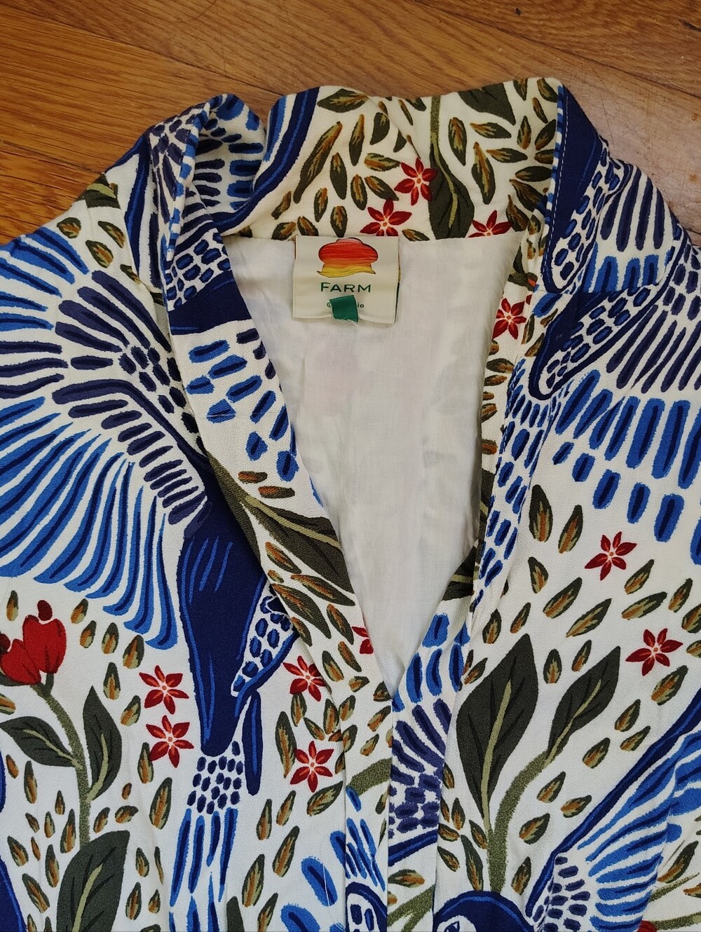 FARM RIO Macaw Midi Dress Sz Medium Resort Vacation Colorful Blue Bird Print - Picture 3 of 13